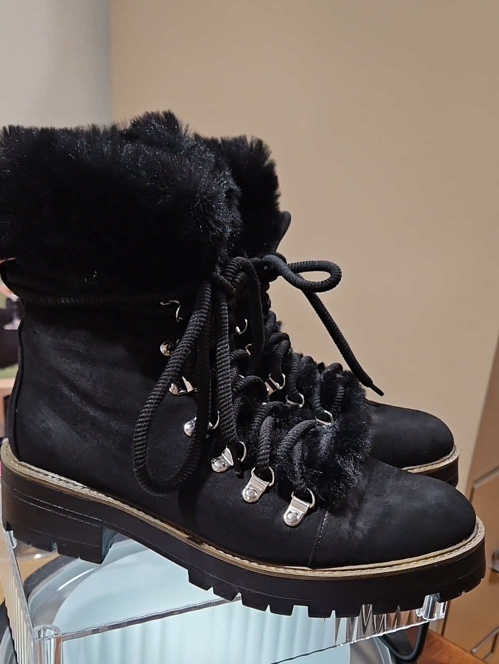 Esprit Black Faux-Fur Lace-Up Lug Boots